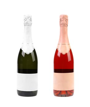 Two different bottles of champagne. White background.