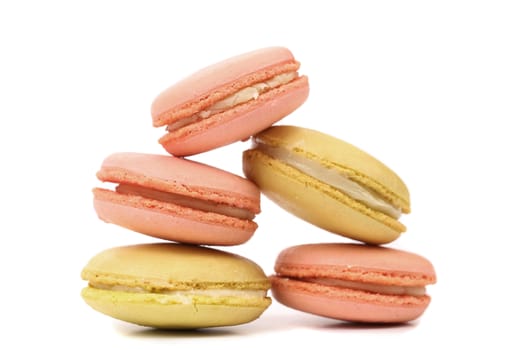 Five various macaron cakes. Close up. White background.