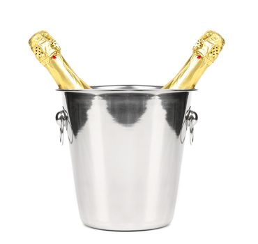 Two bottles of champagne in cooler. White background.