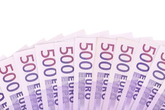 Fan of fifty handred euro bills. White background.