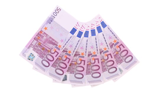 Fan of fifty handred euro bills. White background.