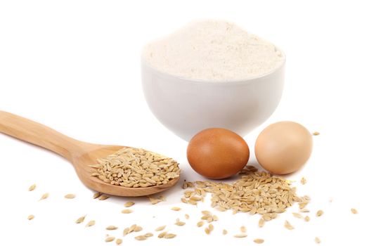 Fondation of life. Composition from flour grain and eggs.