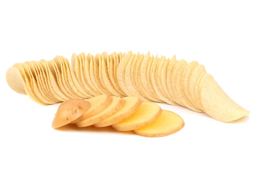 Potato slices and row of chips. Isolated on a white background.