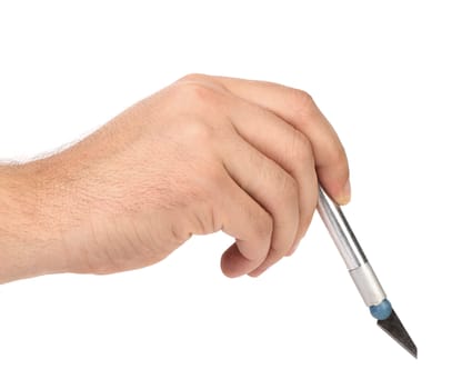 Hand holds aluminium Craft Knife on a white background