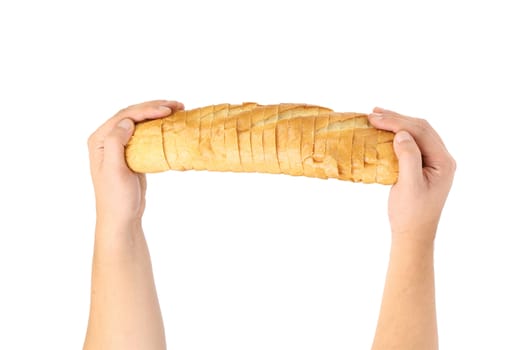 Hands presses sliced loaf. Isolated on a white background.