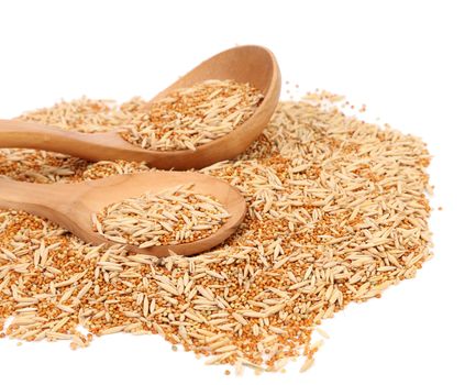 Wooden spoon and assorted seed for exotic birds. Isolated on a white background.