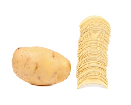 Potato and stack of chips. Isolated on a white background.