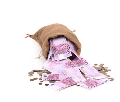 Bag of euro on coins. Isolated on a white background.