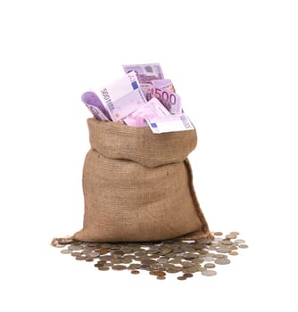 Bag of euro on coins. Isolated on a white background.