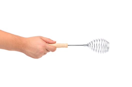 Hand holds Stainless Steel Whisk isolated on a white background