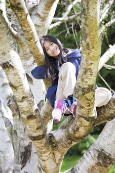 Young biracial girl sitting in branches of birch tree, smiling