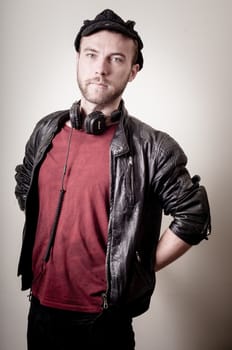 stylish hipster man portrait on gray background