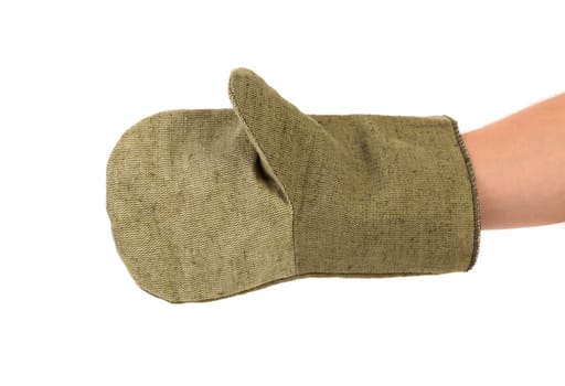 Working gauntlet on hand. Isolated on a white background.