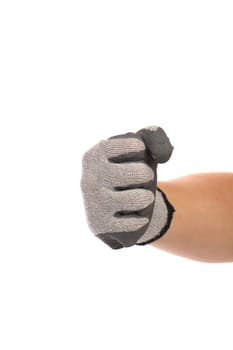 Strong male worker hand glove clenching fist. Isolated on a white background.