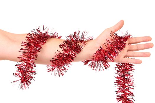 Red tinsel twined hand. Isolated on a white background.