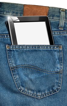Blue jeans fabric with black tablet computer with blank pages in pocket