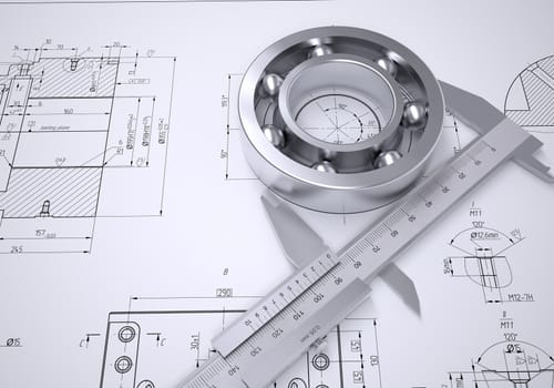 Caliper and bearing in the drawing. Isolated render on a blue background