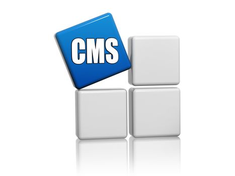 CMS, content management system - 3d blue cube with letters on grey boxes, internet concept