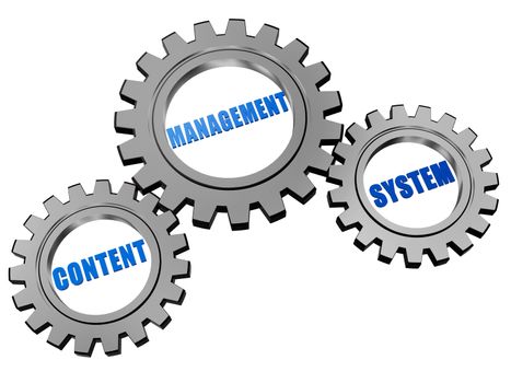 content management system - text in 3d silver grey gearwheels, CMS internet concept words