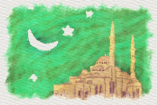 Water color illustration of a arabic mosque with moon and stars on green sky