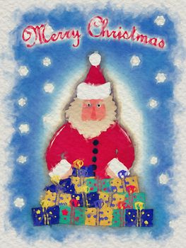 Water color picture of Santa Claus in red coat with Christmas presents and blue background