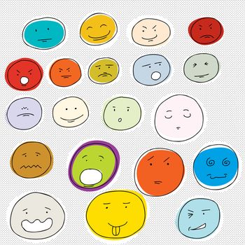 Set of various facial expressions on dot background