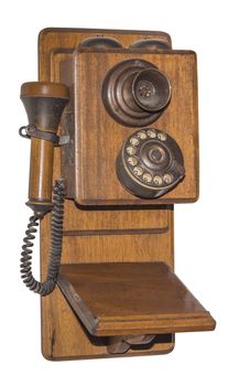 Antique wooden telephone on white, isolated with clipping path