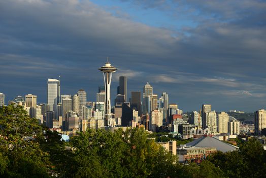 seattle downtown with space needle in the evening
