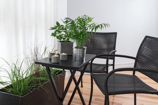 Room with lots of green plants and simple furniture.