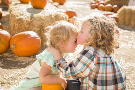 Sweet Little Boy Kisses His Baby Sister in a Rustic Ranch Setting at the Pumpkin Patch.
