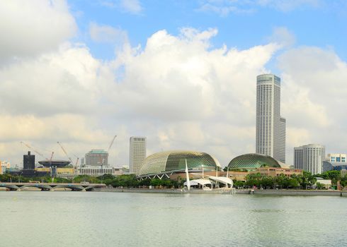 Skyline of Singapore with  Esplanade Theatres on the Bay