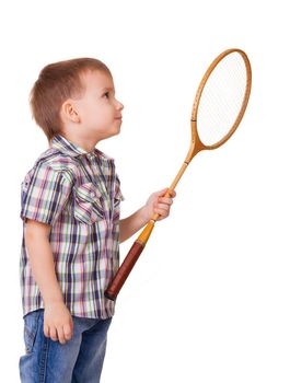 Little kid with badminton racket isolated on white background 
