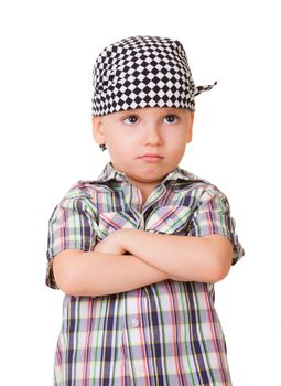 Portrait of serious, angry or sad child isolated on white background