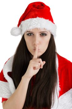 Young woman in Christmas costume on white background.