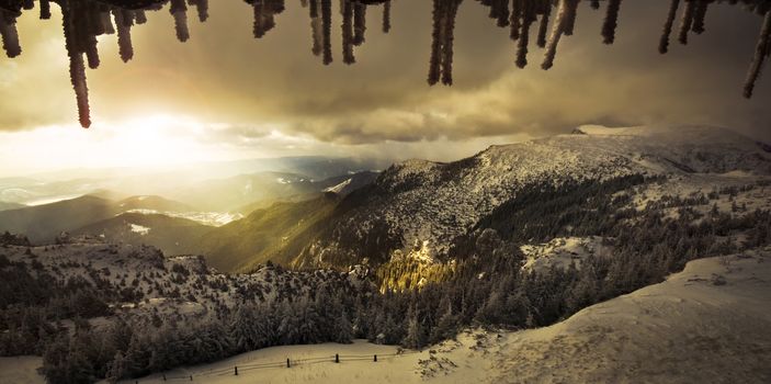 Beautiful winter mountain sunset in Romania