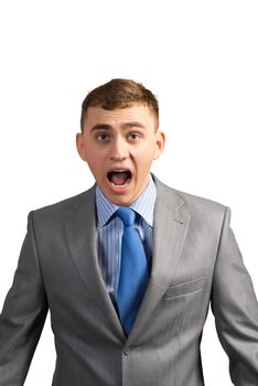 portrait of a young businessman screaming, shouting and looking at the camera, isolated on white background