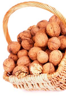 Wicker Basket with Ripe Walnuts closeup on white background