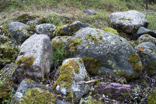 Boulders on the lake shore, covered with moss