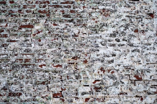 Fragment of old brick wall with peeling plaster
