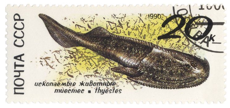 USSR - CIRCA 1990: stamp printed in USSR shows dinosaur Thyestes, series zoolith, circa 1990