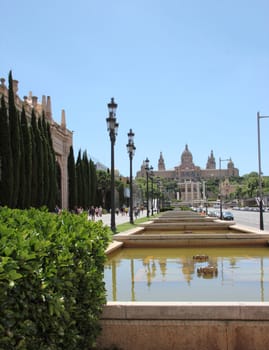 Cathedral Montjuic. Stage water and shrubs