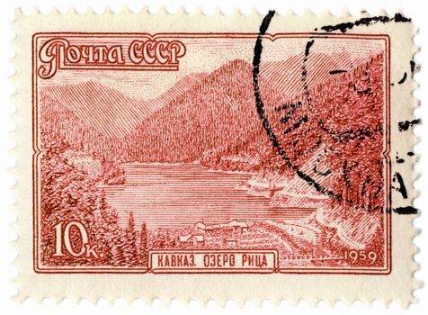 USSR - CIRCA 1959: A stamp printed in the USSR, shows Mountain Lake Rizza, Caucasus, circa 1959