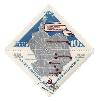 USSR - CIRCA 1966: A post stamp printed in USSR shows Antarctica map with soviet research stations, dedicated to the 10th anniversary of Soviet research in Antarctica, circa 1966