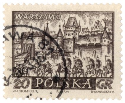 POLAND - CIRCA 1960: A stamp printed in Poland shows cavalry before fortified walls of medieval Warsaw, circa 1960