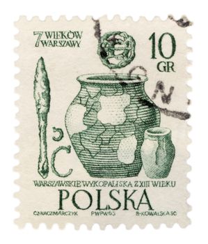 POLAND - CIRCA 1965: A stamp printed in Poland shows Warsaw excavations of the 13th century, series, circa 1965