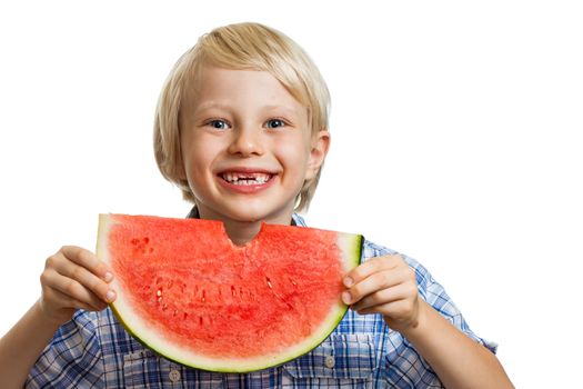A cute happy laughing boy holding a big juicy slice of watermelon. Isolated on white.