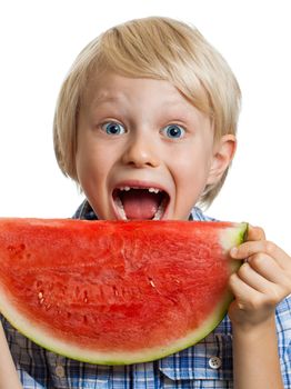 Close-up of a cute happy smiling boy about to take a bite of  juicy slice of watermelon. Isolated on white.