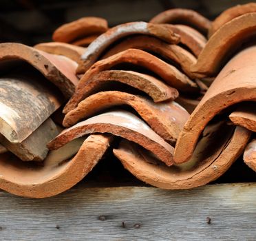 Old clay tiles on the old house in Bulgaria