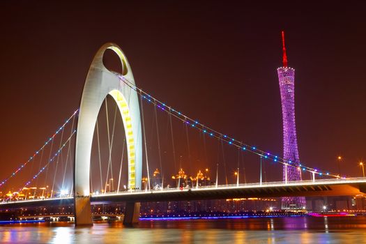 Zhujiang River and modern building of financial district at night in guangzhou china. 
