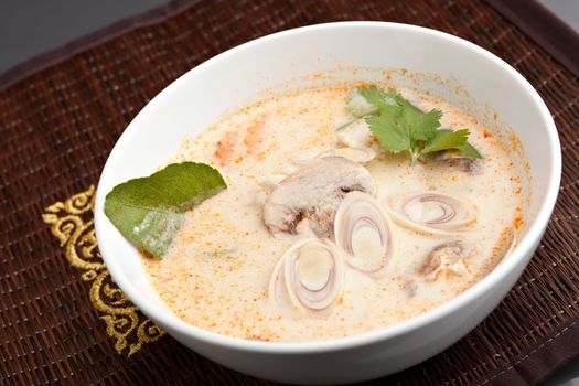 Creamy thai soup with coconut curry mushrooms and vegetables.